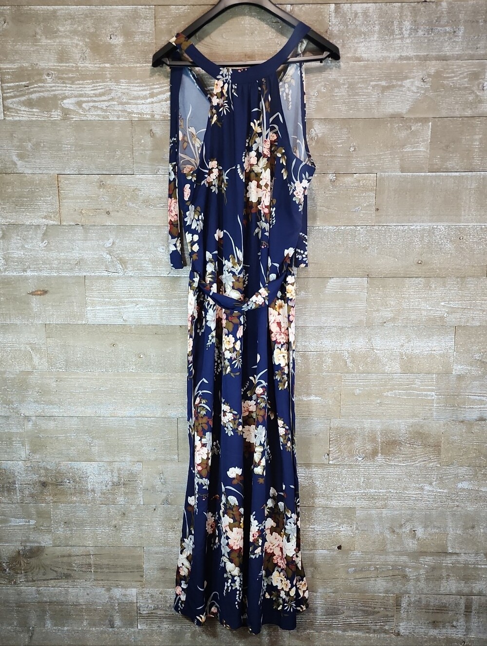 Sleeveless Navy Floral Maxi Dress with Tie Waist